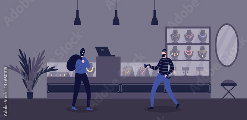 Jewelry store robbery criminal scene with burglars flat vector illustration.
