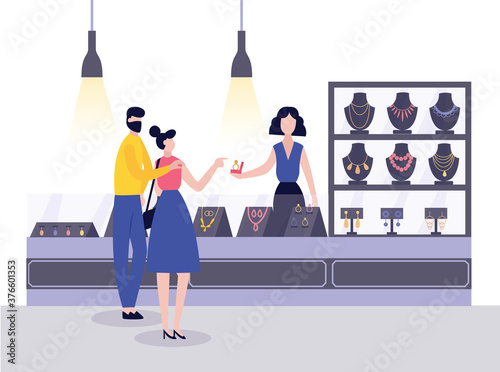 Jewellery shop with seller and couple buying jewelries flat vector illustration.