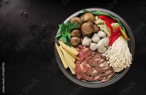 Japanese Sukiyaki in traditional Cast Iron Pot. Chabu sukiyaki, Japanese food.
