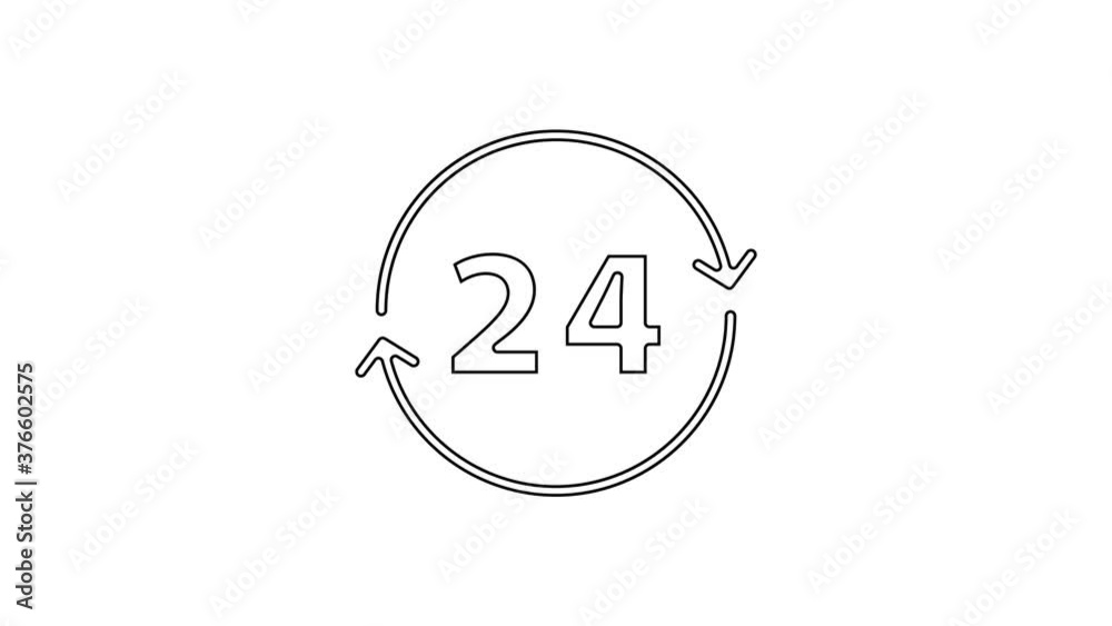 Black line Clock 24 hours icon isolated on white background. All day cyclic icon. 24 hours service symbol. 4K Video motion graphic animation. Black line Clock 24 hours icon isolated on white background. All day cyclic icon. 24 hours service symbol. 4K Video motion graphic animation.