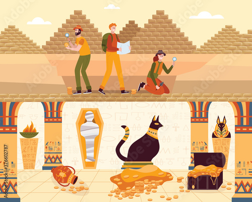 Vector illustration of people looking for the entrance to the Egyptian pyramid.