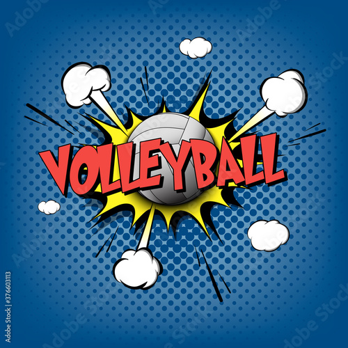 Comic bang with expression text Volleyball. Comics book font sound phrase template with volleyball ball. Pop art style banner message. Sports fan emotions. Vector illustration
