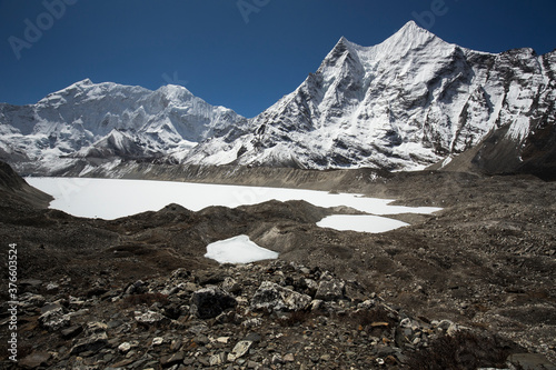 Snow-capped Himalayan peaks, frozen lakes, and grey stones. No grass or trees. Nobody here. Imja Tso lake and Mt. Island Peak region. photo