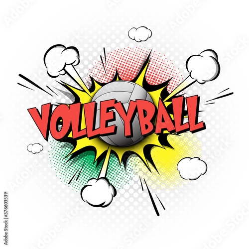 Comic bang with expression text Volleyball. Comics book font sound phrase template with volleyball ball. Pop art style banner message. Sports fan emotions. Vector illustration