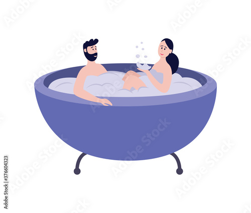 Couple enjoying joint bath at home or resort flat vector illustration isolated.