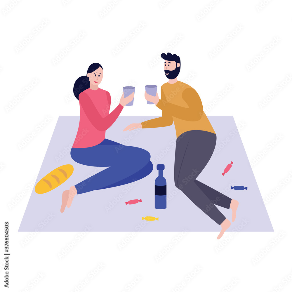 Fototapeta premium Cartoon couple on picnic blanket drinking wine - people in love