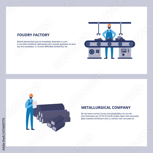 Foundry factory and metallurgical company banner set flat vector illustration.