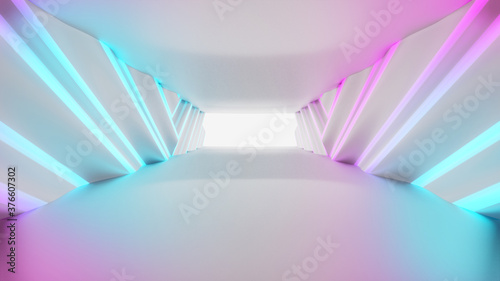 Futuristic Tunnel Empty. Illuminated corridor interior design, Neon Glowing Lights, 3D Rendering Illustration
