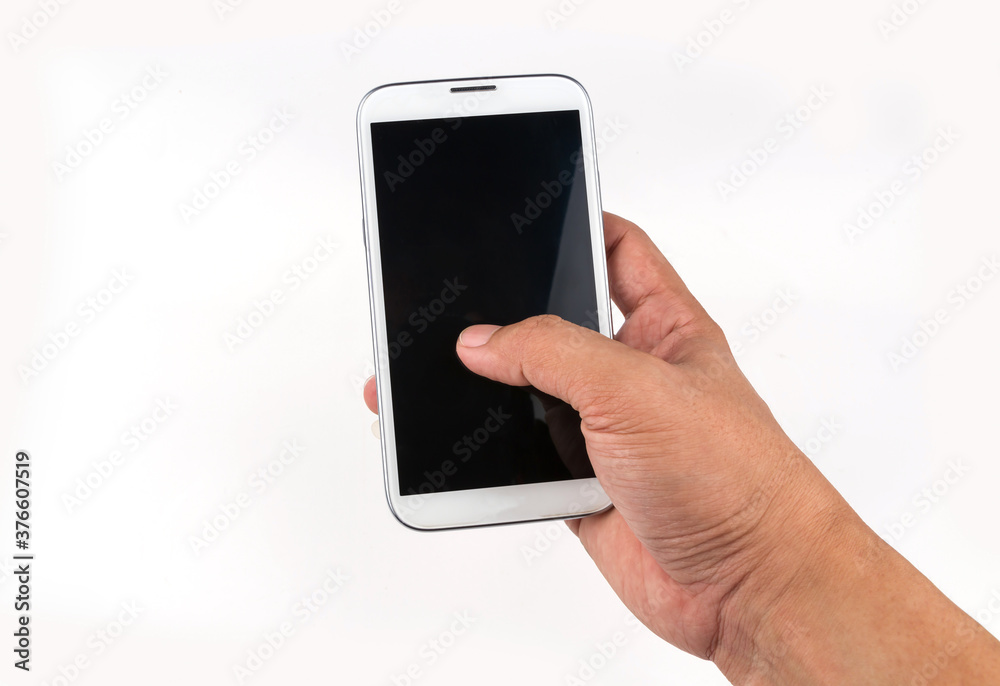 Hand holding white smart phone on white background