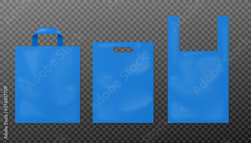 Set of blue disposable plastic bags a realistic vector isolated illustrations
