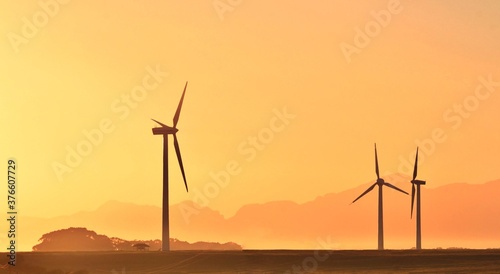Landscape with Goliath windmills at sunrise