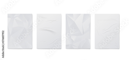 Set white wrinkled and creased posters, realistic vector illustration isolated.