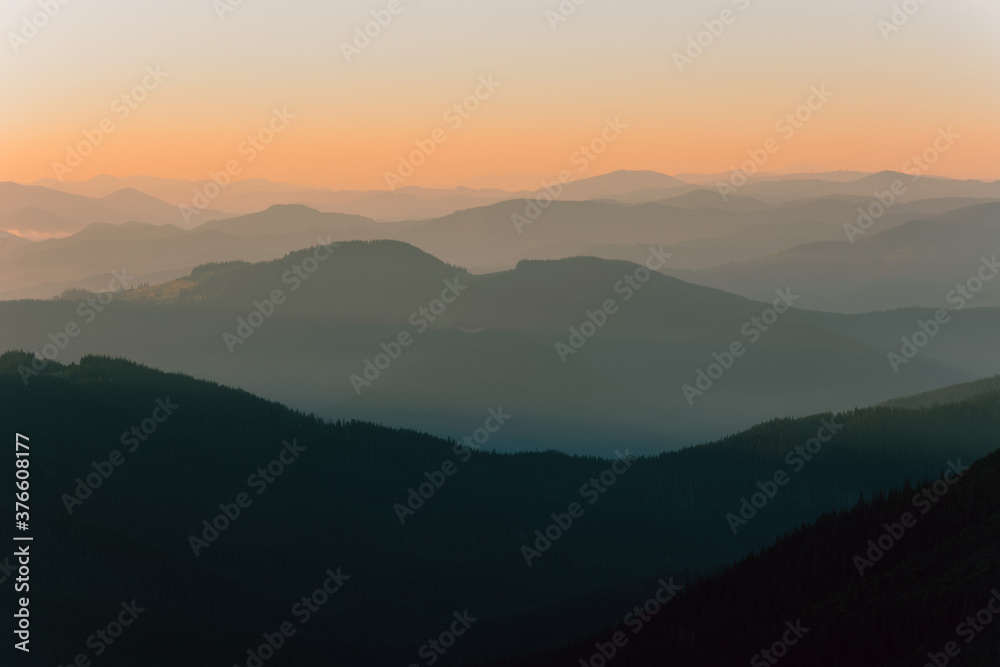 Ukrainian Carpathians, Montenegrin ridge, sunrise near the saddle of Montenegro, picturesque landscapes of Ukrainian mountains. Ukrainian Carpathians, Montenegrin ridge, sunrise near the saddle of Montenegro, picturesque landscapes of Ukrainian mountains.