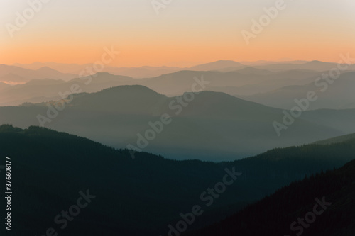 Ukrainian Carpathians, Montenegrin ridge, sunrise near the saddle of Montenegro, picturesque landscapes of Ukrainian mountains.