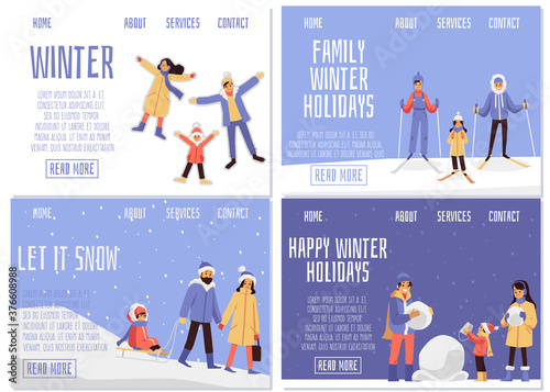 Fototapeta Naklejka Na Ścianę i Meble -  Family on winter vacation or Christmas holidays set, flat vector illustrations.