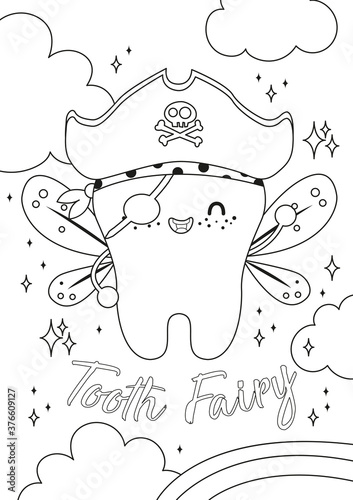 Tooth fairy. Vector cartoon illustration. Stylized tooth. Outline hand drawing vector illustration. Coloring page for the coloring book. 