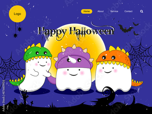 Happy halloween landing page template with 3 cute ghost wearing dinosaur costume