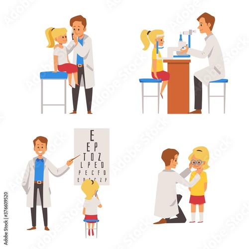 Set of children eye vision checkup in clinic flat vector illustration isolated.