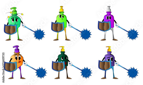 Cartoon bottle of hand sanitizer gel for hygiene with face holding a spiked mace and shield. © noravector