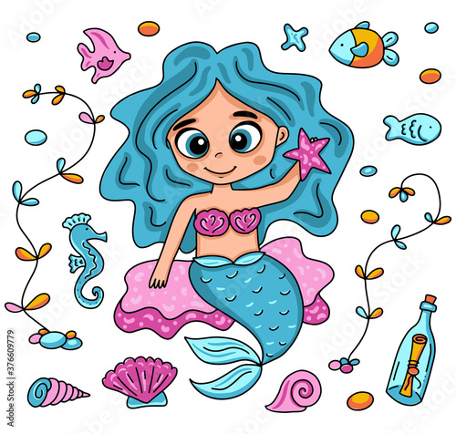 Vector illustration with little mermaid and octopus with big eyes. Marine life cartoon character, fish, snail, shell, bottle with a message.