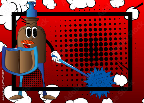 Cartoon bottle of hand sanitizer gel for hygiene with face holding a spiked mace and shield.