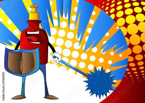 Cartoon bottle of hand sanitizer gel for hygiene with face holding a spiked mace and shield.