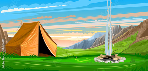Mountain landscape with a tent. Extinguishing bonfire in the clearing. Morning. The sky is in the clouds. Flat style. Vector illustration. Sharp rocks on the ridge. Tourist travel.