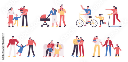 Various happy moments of the family. flat design style minimal vector illustration.