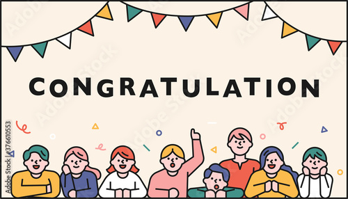 Congratulation web banner. Friends gather together to celebrate. flat design style minimal vector illustration.
