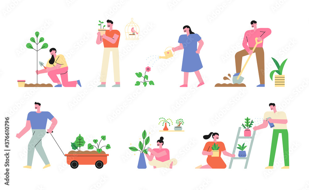 Many people are doing gardening. flat design style minimal vector illustration.