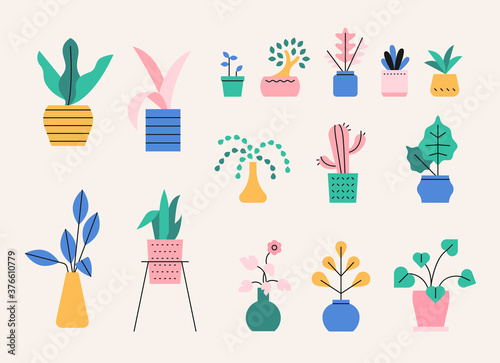Various plant pots in pastel colors. flat design style minimal vector illustration.