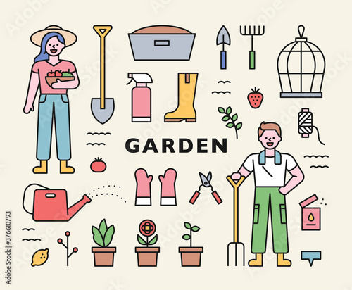 Gardening male and female characters and objects icon set. flat design style minimal vector illustration.