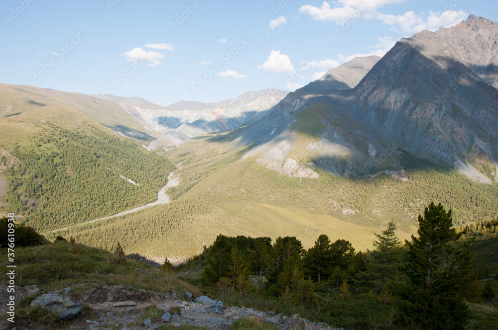 Landscape view of Yarlu valley in summer, natural park Belukha, the Altai Republic, Russia