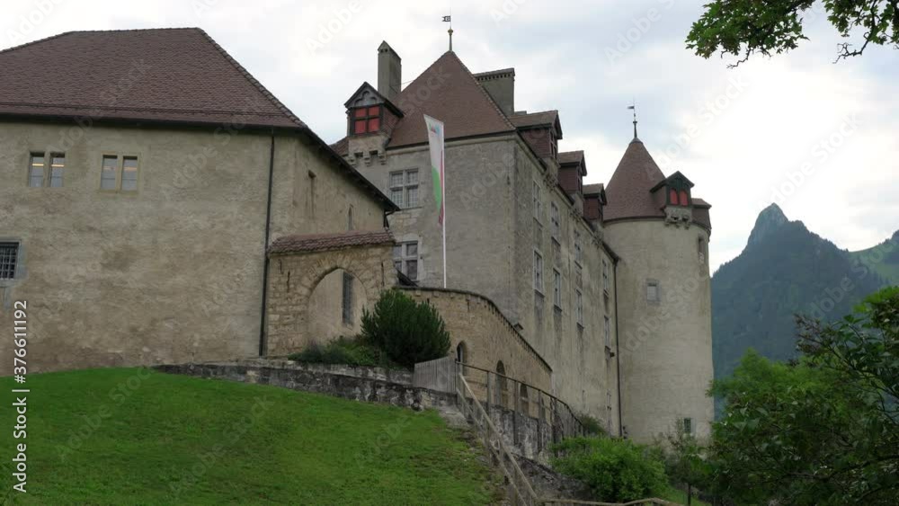 Scenic exterior view of Gruyeres castle in La Gruyere Fribourg Switzerland Scenic exterior view of Gruyeres castle in La Gruyere Fribourg Switzerland