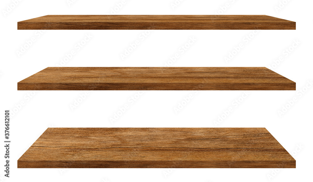 Wooden shelf isolated on white background with clipping path, Wood table top, Template mock up for display of product Wooden shelf isolated on white background with clipping path, Wood table top, Template mock up for display of product