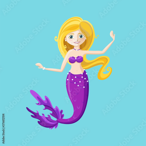 Beautiful fairy mermaid with purple tail. Cute dancing mermaid. Colorful vector illustration in cartoon style.