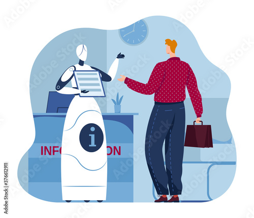 Ai flat help service, artifical intelligence assistance to man vector illustration. Digital robot character, robotic technology worker concept. Information mechanism in office, innovation machine.