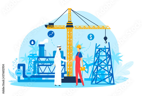 Business oil, vector illustration. Partner people businessman handshake, flat arabic partnership. Cartoon successful agreement with arab, success work in industry, person at pump building background.