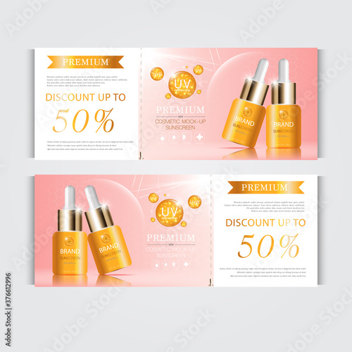 Gift voucher hydrating facial serum for annual sale or festival sale. silver and gold serum mask bottle isolated on glitter particles background. Banner graceful cosmetic ads.