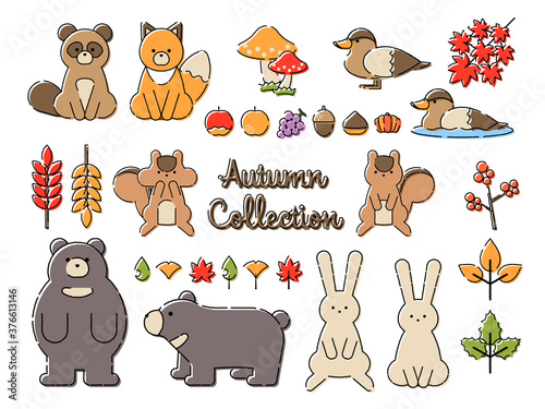 秋　動物　イラスト　セット　手描き