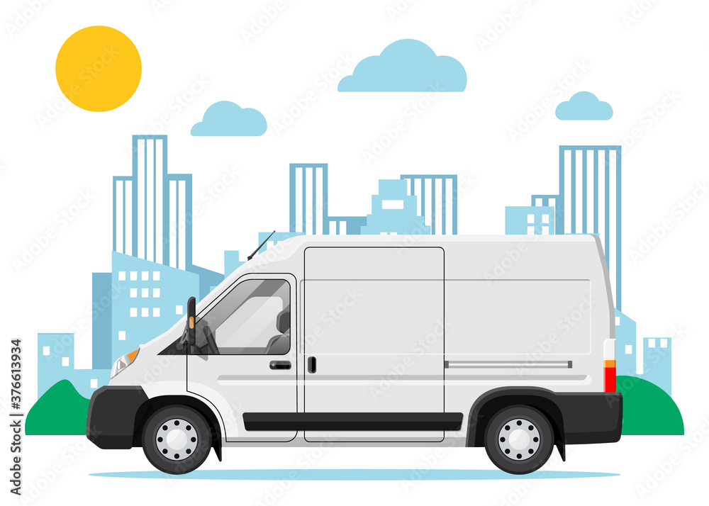 White delivery at cityscape background. Express delivering services commercial truck. Concept of fast and free delivery by car. Cargo and logistic. Cartoon flat vector illustration