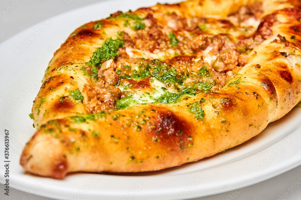 Khachapuri meat on a white plate. Close-up, selective focus Khachapuri meat on a white plate. Close-up, selective focus