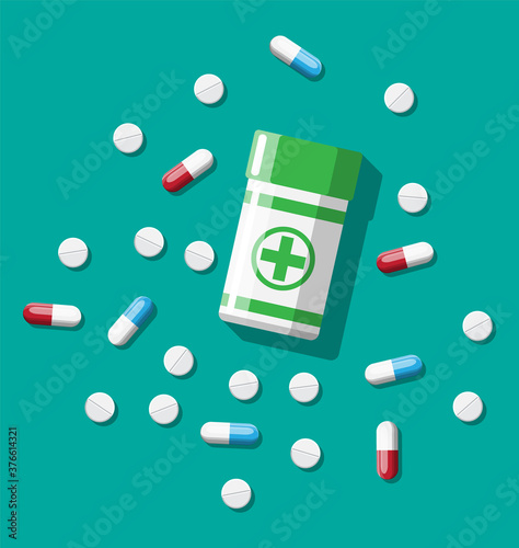 Medicine collection. Bottle, tablets, pills, capsules for illness and pain treatment. Medical drug, vitamin, antibiotic. Healthcare and pharmacy. Vector illustration in flat style