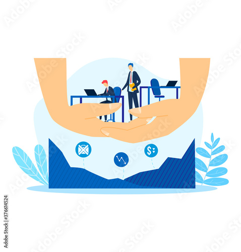 Business office support, businessman people team work in huge hands vector illustration. Flat corporate job in company, communication with manager, economic help for cartoon teamwork.