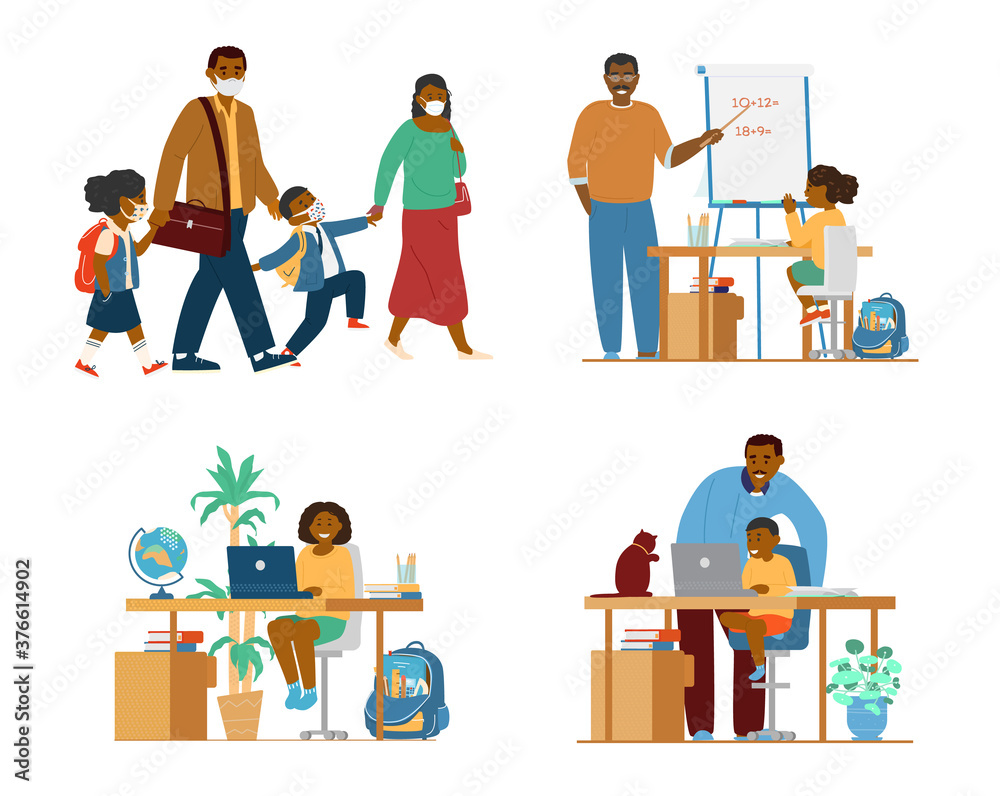 Set Of Afroamercian Family With School Children In Different Situations. Going To School In Protective Masks, Homeschooling, Making Homework. Flat Vector Illustration.