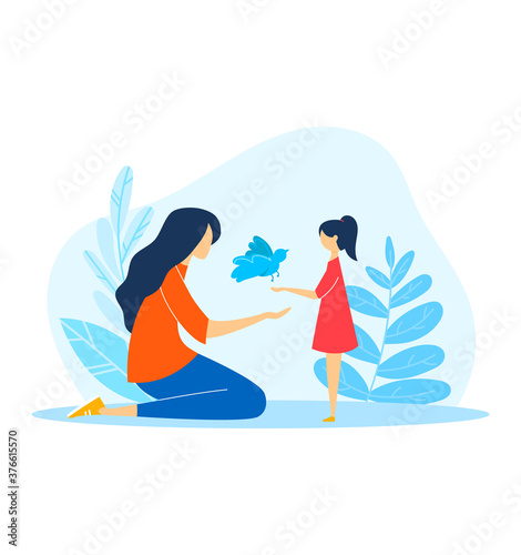 Cartoon kid people in happy family, vector illustration. Woman character hold animal for daughter children, isolated on white. Cute mother have fun with girl, nature outdoor park with birds.