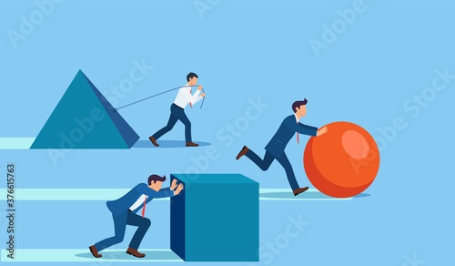 Winning strategy business concept. Competition. Enterprising businessman pushes sphere. Behind are pushing heavy load. Direction to victory. Effective achievement. photo