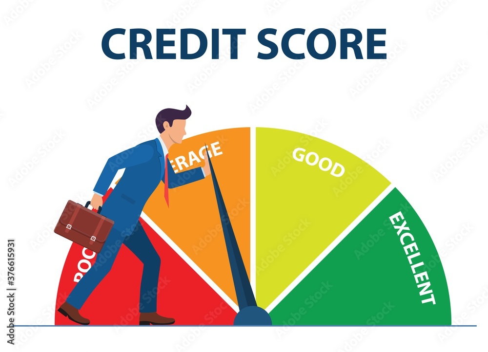 Credit score concept. businessman pushing scale changing credit information from poor to good, excellent. Payment history data meter. Vector illustration in flat style.
