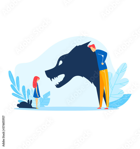 Child parent relationship, angry father shadow abuse young kid, vector illustration. Family problem, fight stress between sad girl daughter rabbit and father wolf at home. Domestic conflict.