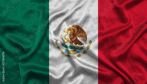 Mexico national flag background with fabric texture. Mexican flag waving in the wind. Natural proportions. 3D illustration.